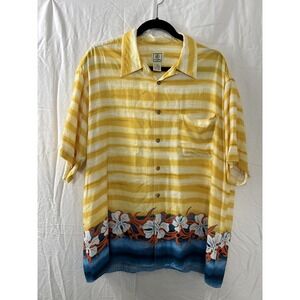 Morro Bay Hawaiian Shirt Yellow Striped Mens Size Large Floral Trim Wood Buttons